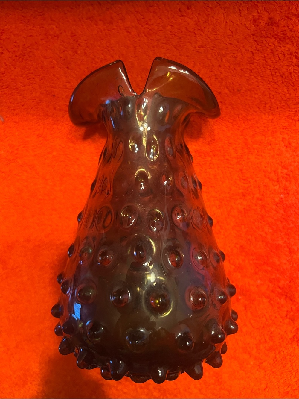 Vintage Amber Hobnail Glass Vase Folded Ruffle Edge 6”